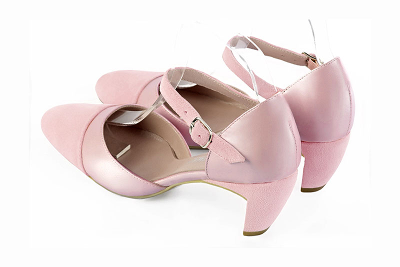 Light pink women's open side shoes, with an instep strap. Round toe. Medium comma heels. Rear view - Florence KOOIJMAN
